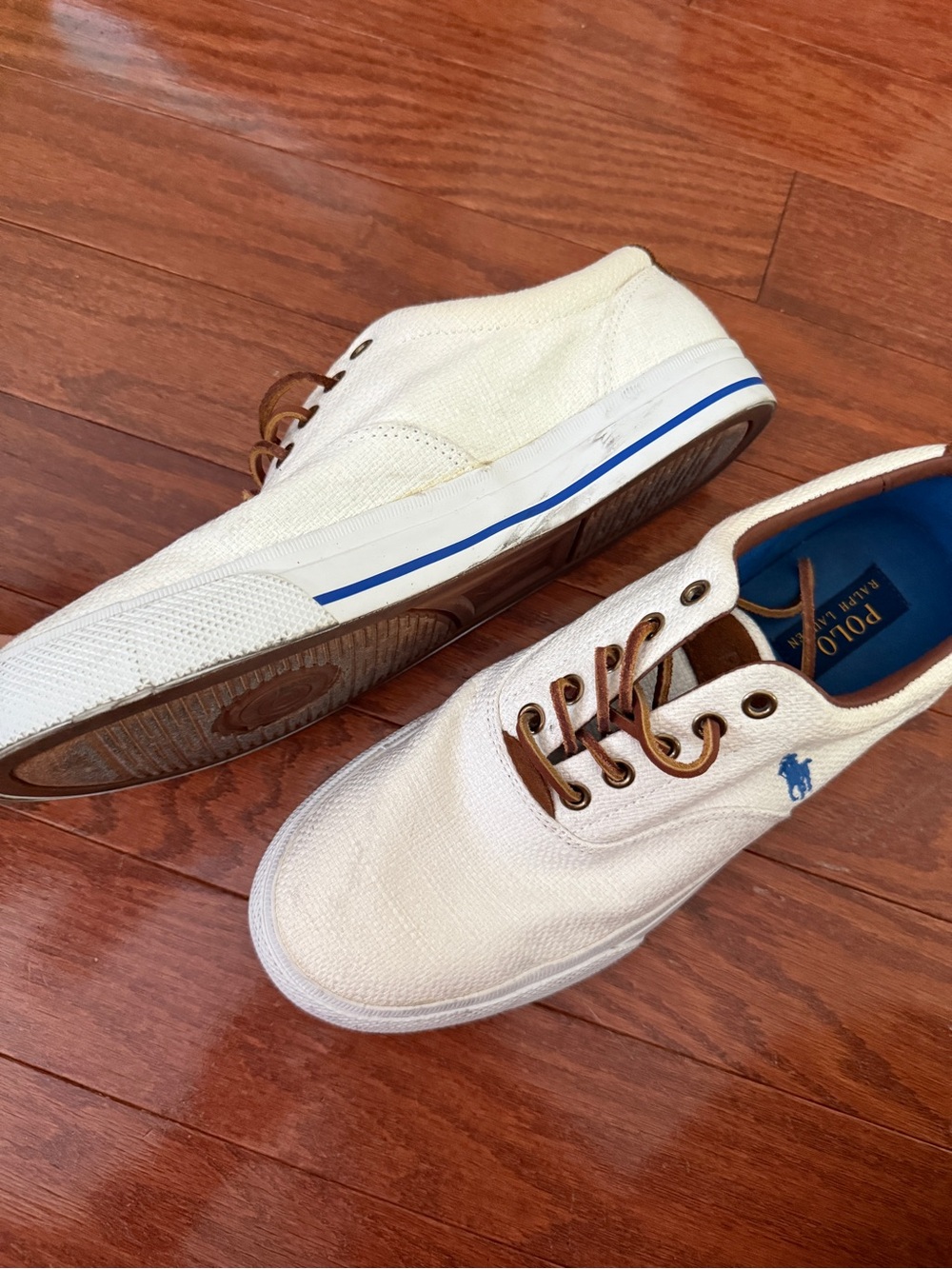 Polo by Ralph Lauren White Canvas Sneakers with Brown Trim and Blue Logo - Picture 3 of 6